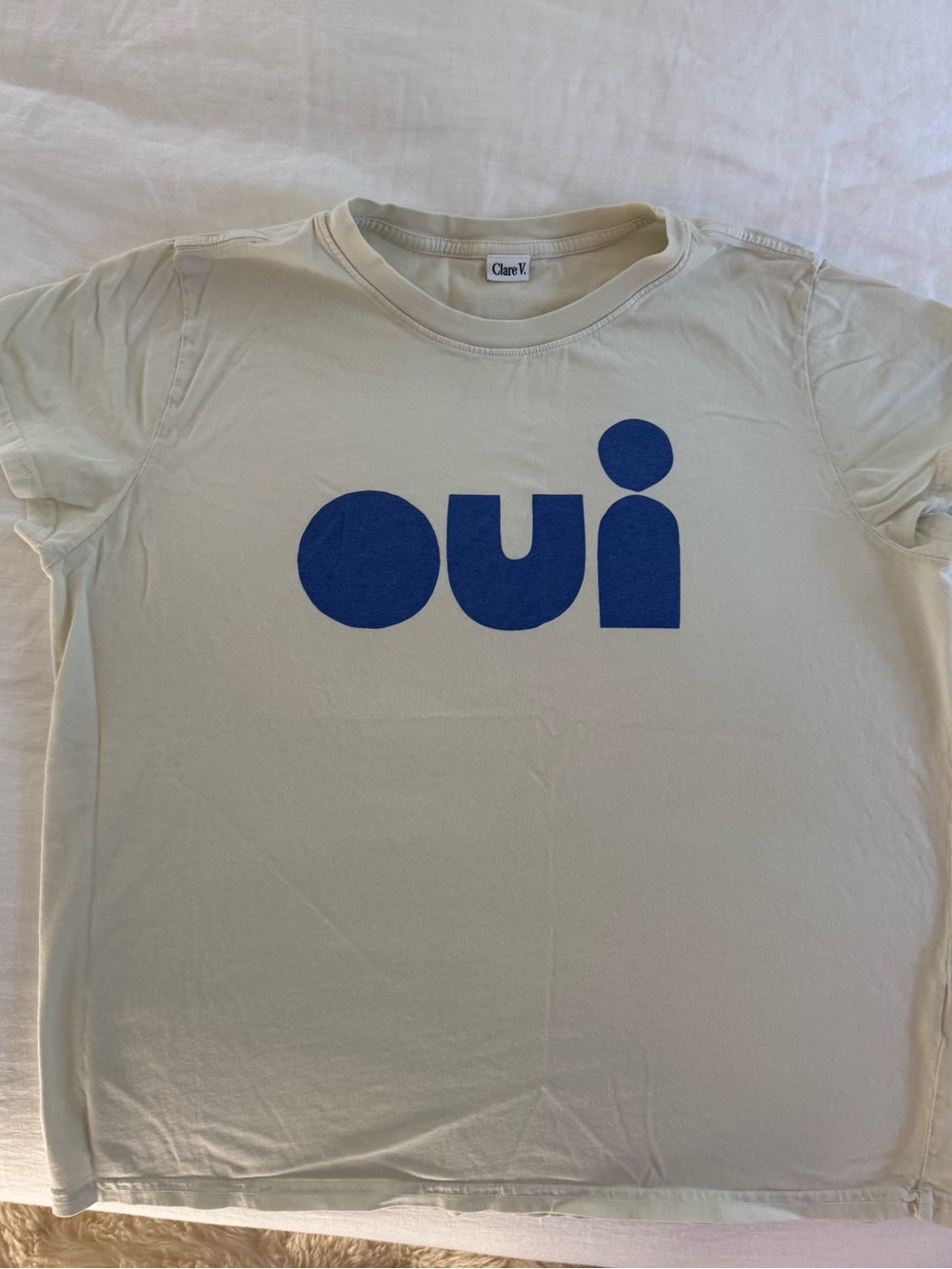 Clare V Cream Short-Sleeve Tee with Blue 'oui' Graphic